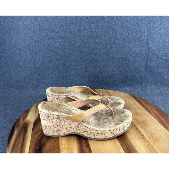 Tory Burch Brown Cork Wedge Heel Thong Sandals Logo Women's 6.5M - Picture 1 of 12